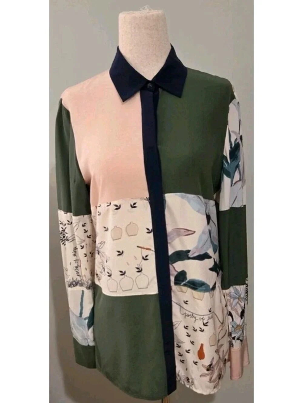 Tory Burch Sz 2 Patchwork Silk Shirt Green White Pink Ivory Poetry Print Blouse - Picture 6 of 9